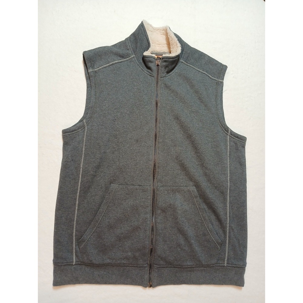 Tommy Bahama Relax Mens L Gray Sherpa Lined Full Zip Fleece Vest Marlin Patch